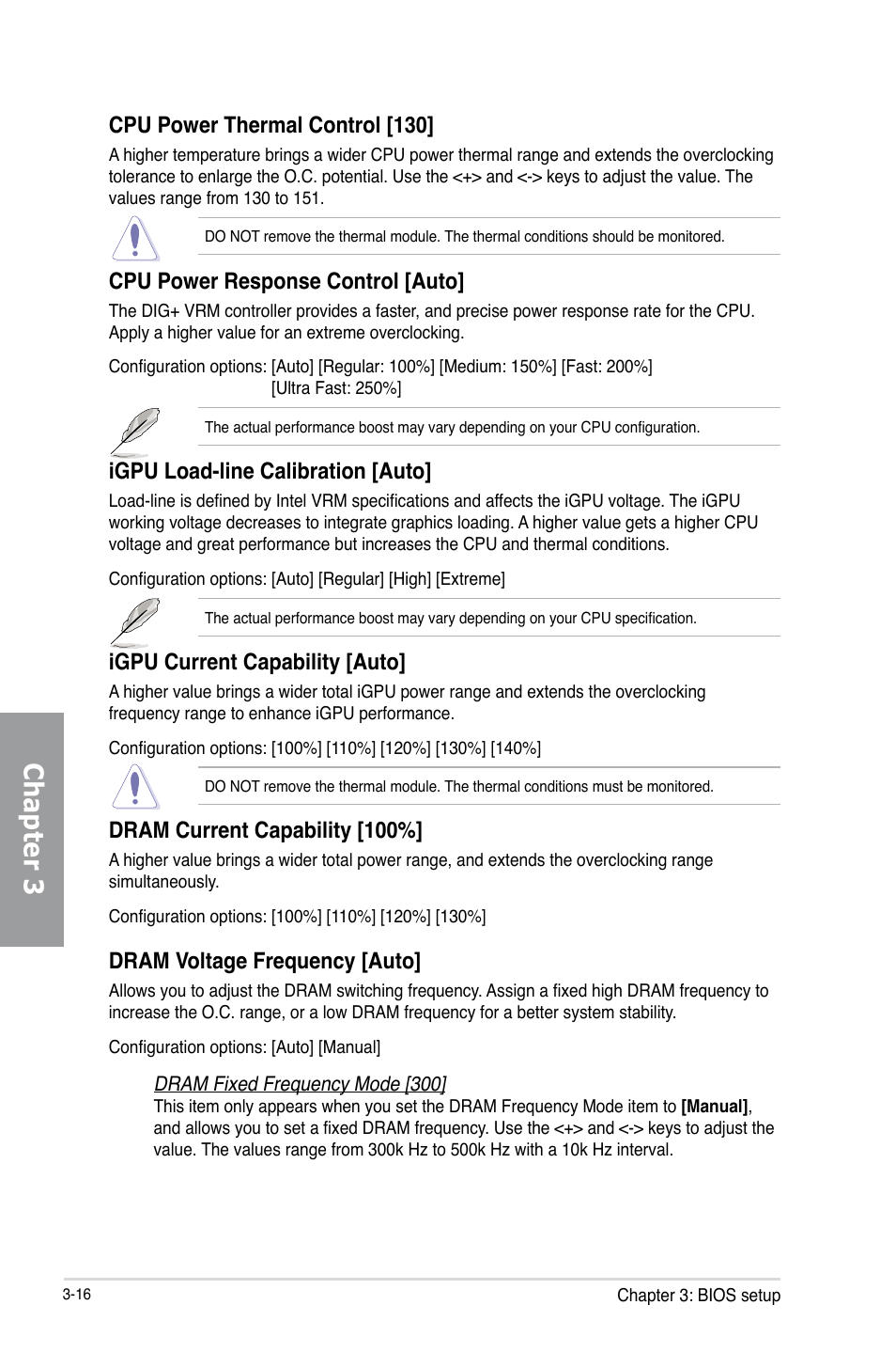 Chapter 3, Cpu power thermal control [130, Cpu power response control [auto | Igpu load-line calibration [auto, Igpu current capability [auto, Dram current capability [100, Dram voltage frequency [auto | Asus P8Z77-V PRO/THUNDERBOLT User Manual | Page 92 / 192