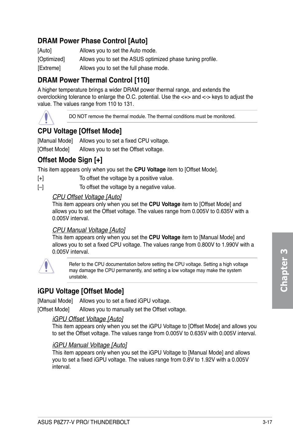 Chapter 3, Dram power phase control [auto, Dram power thermal control [110 | Cpu voltage [offset mode, Offset mode sign, Igpu voltage [offset mode | Asus P8Z77-V PRO/THUNDERBOLT User Manual | Page 93 / 192