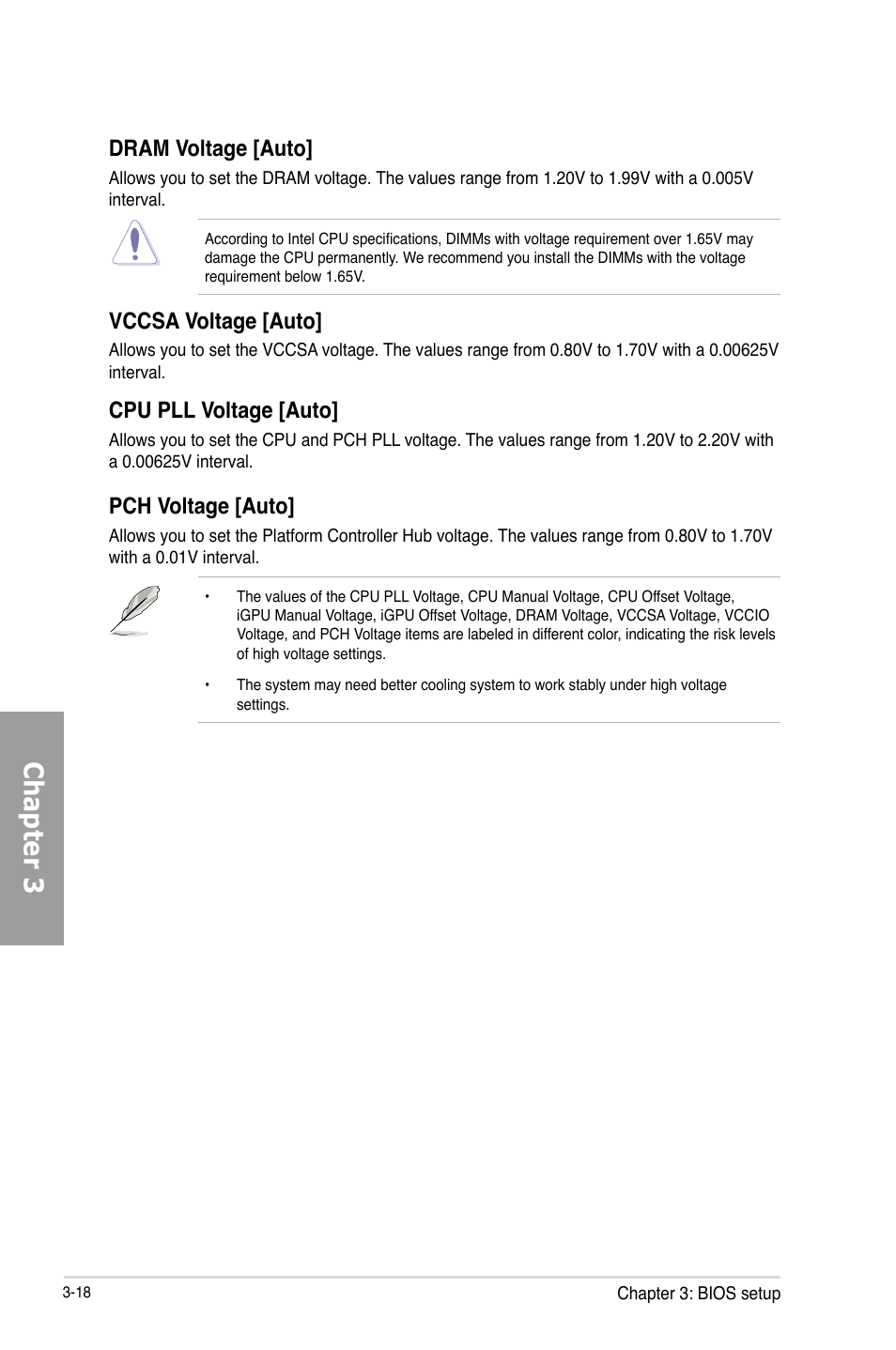 Chapter 3, Dram voltage [auto, Vccsa voltage [auto | Cpu pll voltage [auto, Pch voltage [auto | Asus P8Z77-V PRO/THUNDERBOLT User Manual | Page 94 / 192