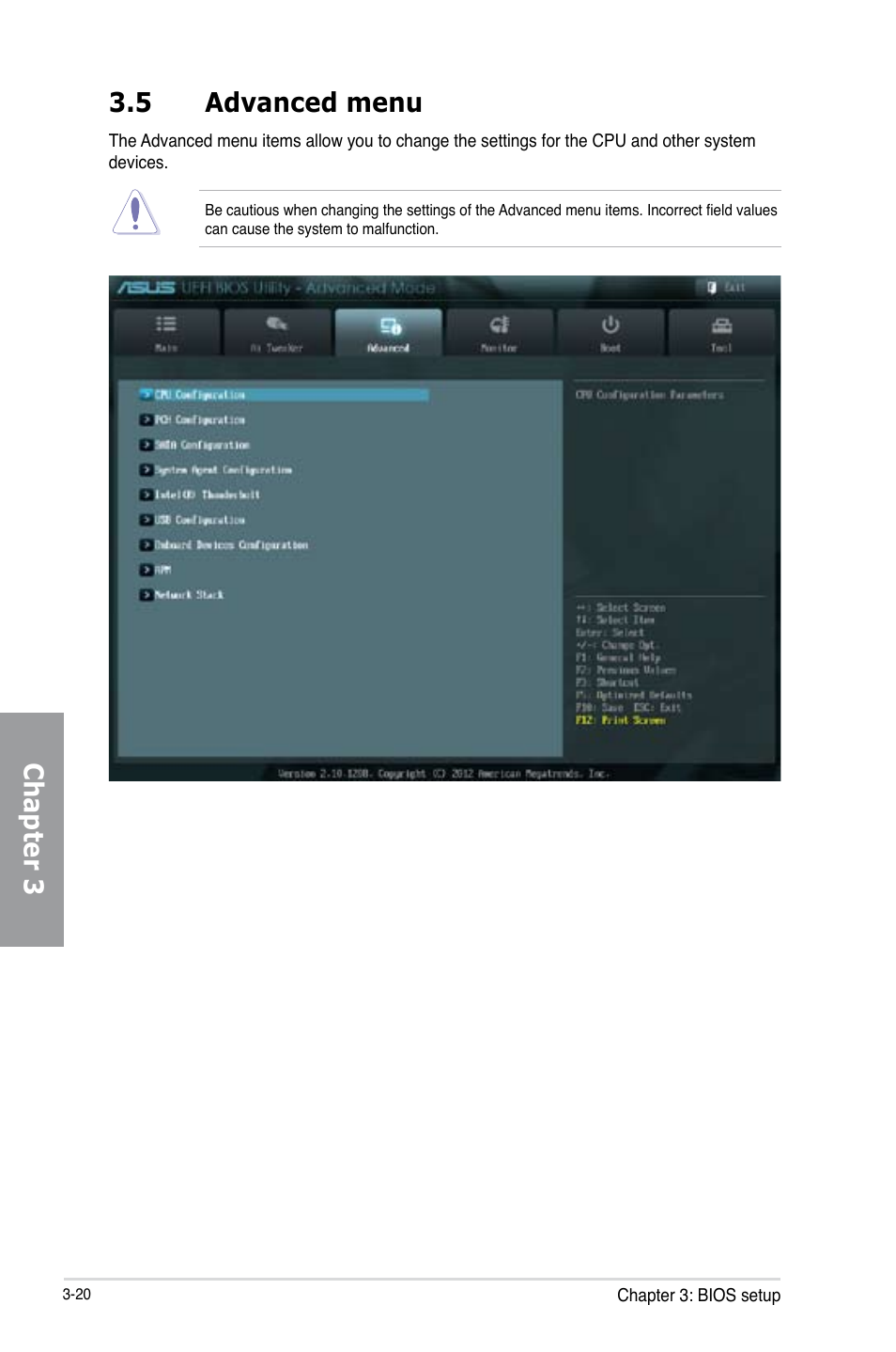 5 advanced menu, Advanced menu -20, Chapter 3 | Asus P8Z77-V PRO/THUNDERBOLT User Manual | Page 96 / 192