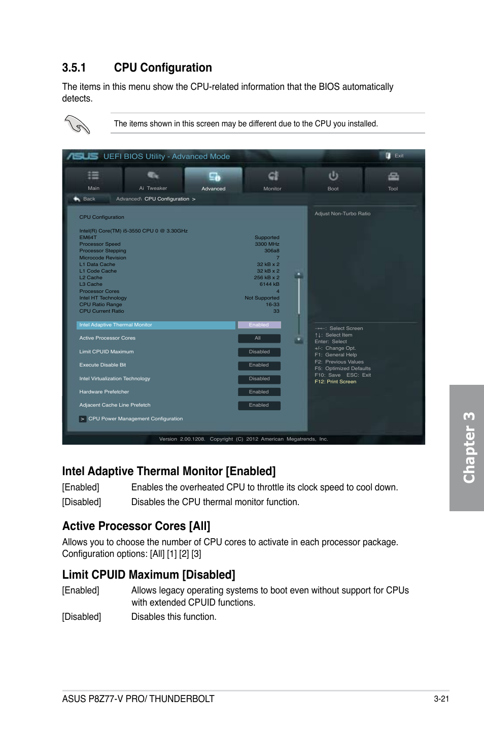1 cpu configuration, Cpu configuration -21, Chapter 3 | Intel adaptive thermal monitor [enabled, Active processor cores [all, Limit cpuid maximum [disabled, Asus p8z77-v pro/ thunderbolt | Asus P8Z77-V PRO/THUNDERBOLT User Manual | Page 97 / 192