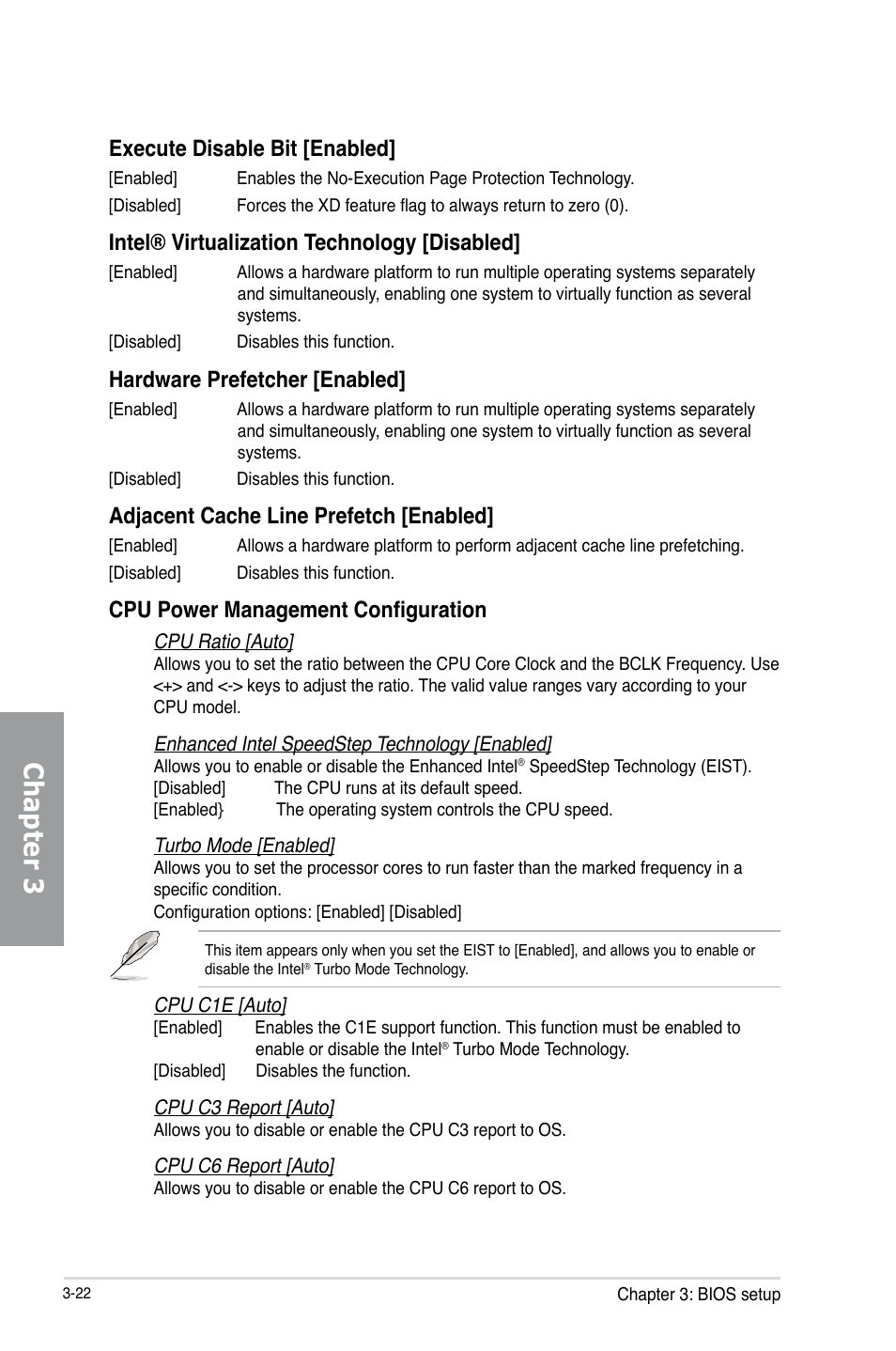 Chapter 3, Execute disable bit [enabled, Intel® virtualization technology [disabled | Hardware prefetcher [enabled, Adjacent cache line prefetch [enabled, Cpu power management configuration | Asus P8Z77-V PRO/THUNDERBOLT User Manual | Page 98 / 192