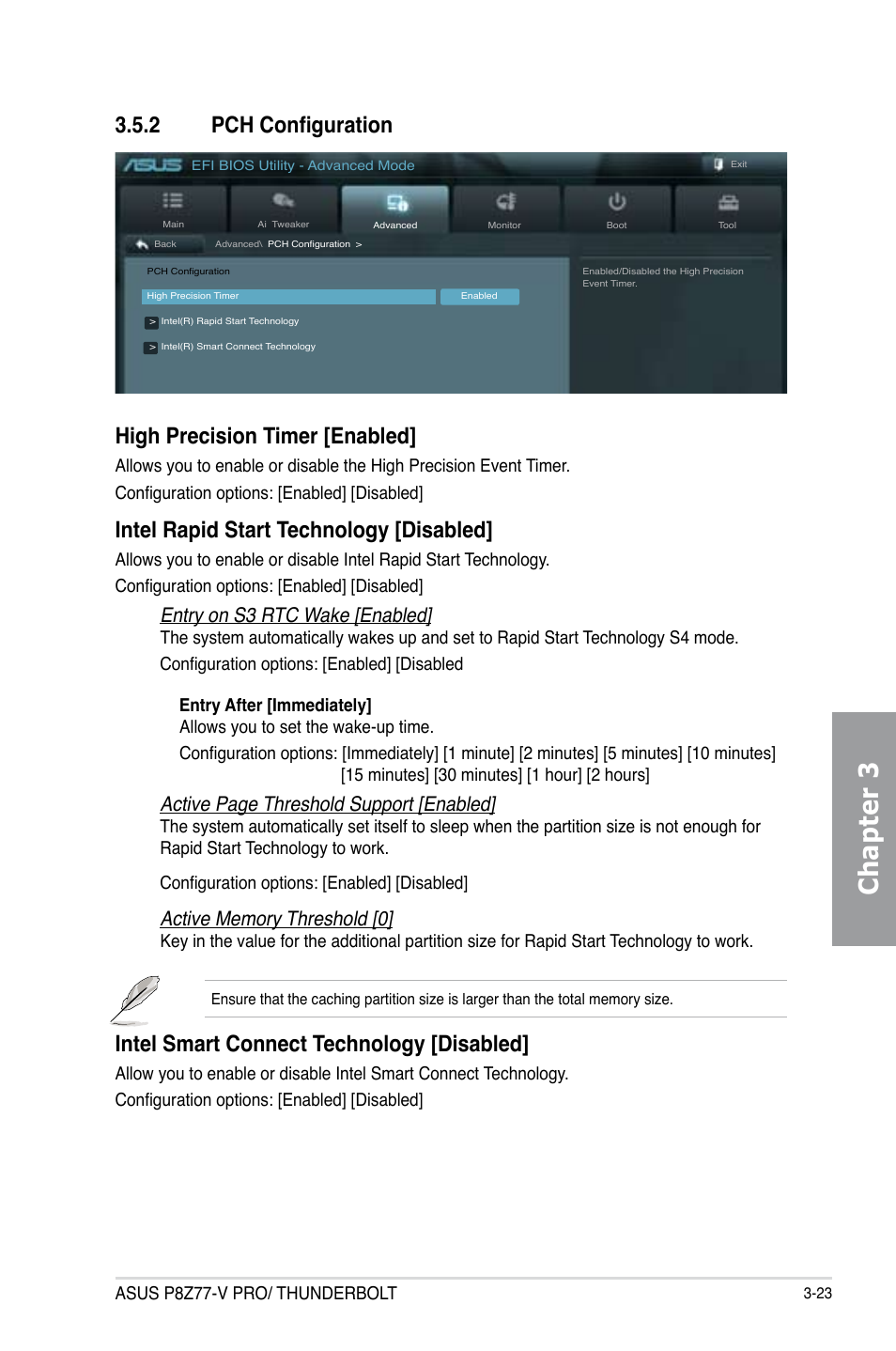 2 pch configuration, Pch configuration -23, Chapter 3 | High precision timer [enabled, Intel rapid start technology [disabled, Intel smart connect technology [disabled, Entry on s3 rtc wake [enabled, Active page threshold support [enabled, Asus p8z77-v pro/ thunderbolt | Asus P8Z77-V PRO/THUNDERBOLT User Manual | Page 99 / 192