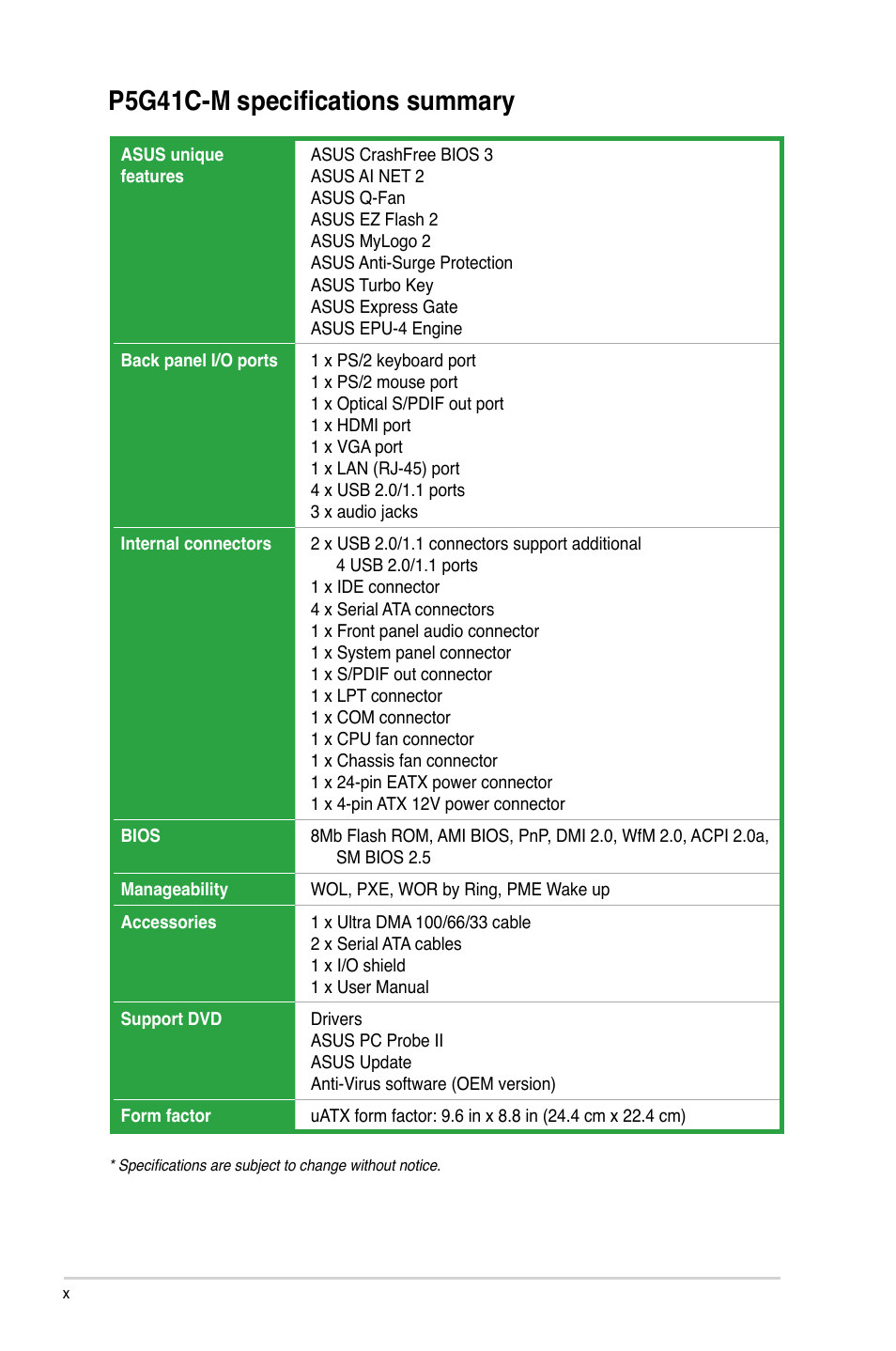 P5g41c-m specifications summary | Asus P5G41C-M User Manual | Page 10 / 62