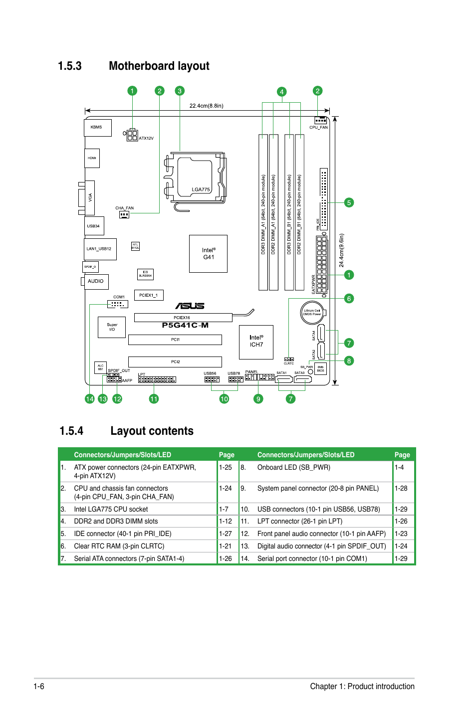 3 motherboard layout, 4 layout contents, Motherboard layout -6 | Layout contents -6, 3 motherboard layout 1.5.4 layout contents | Asus P5G41C-M User Manual | Page 16 / 62