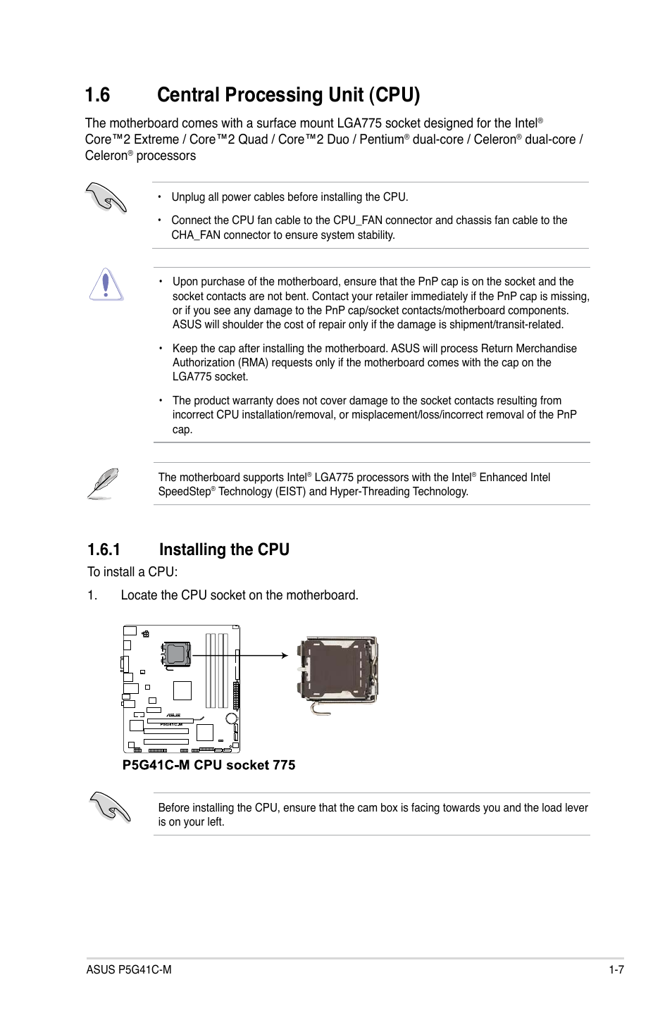 6 central processing unit (cpu), 1 installing the cpu, Central processing unit (cpu) -7 1.6.1 | Installing the cpu -7 | Asus P5G41C-M User Manual | Page 17 / 62