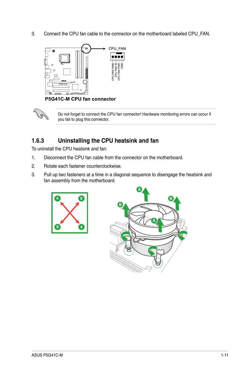 3 uninstalling the cpu heatsink and fan, Uninstalling the cpu heatsink and fan -11 | Asus P5G41C-M User Manual | Page 21 / 62