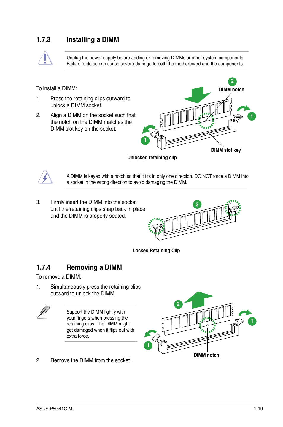 3 installing a dimm, 4 removing a dimm, Installing a dimm -19 | Removing a dimm -19 | Asus P5G41C-M User Manual | Page 29 / 62