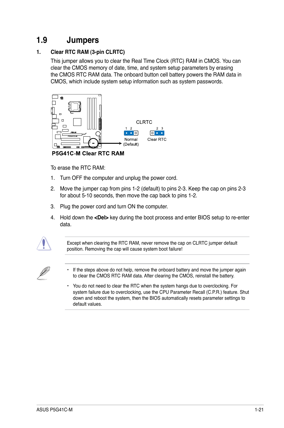 9 jumpers, Jumpers -21 | Asus P5G41C-M User Manual | Page 31 / 62