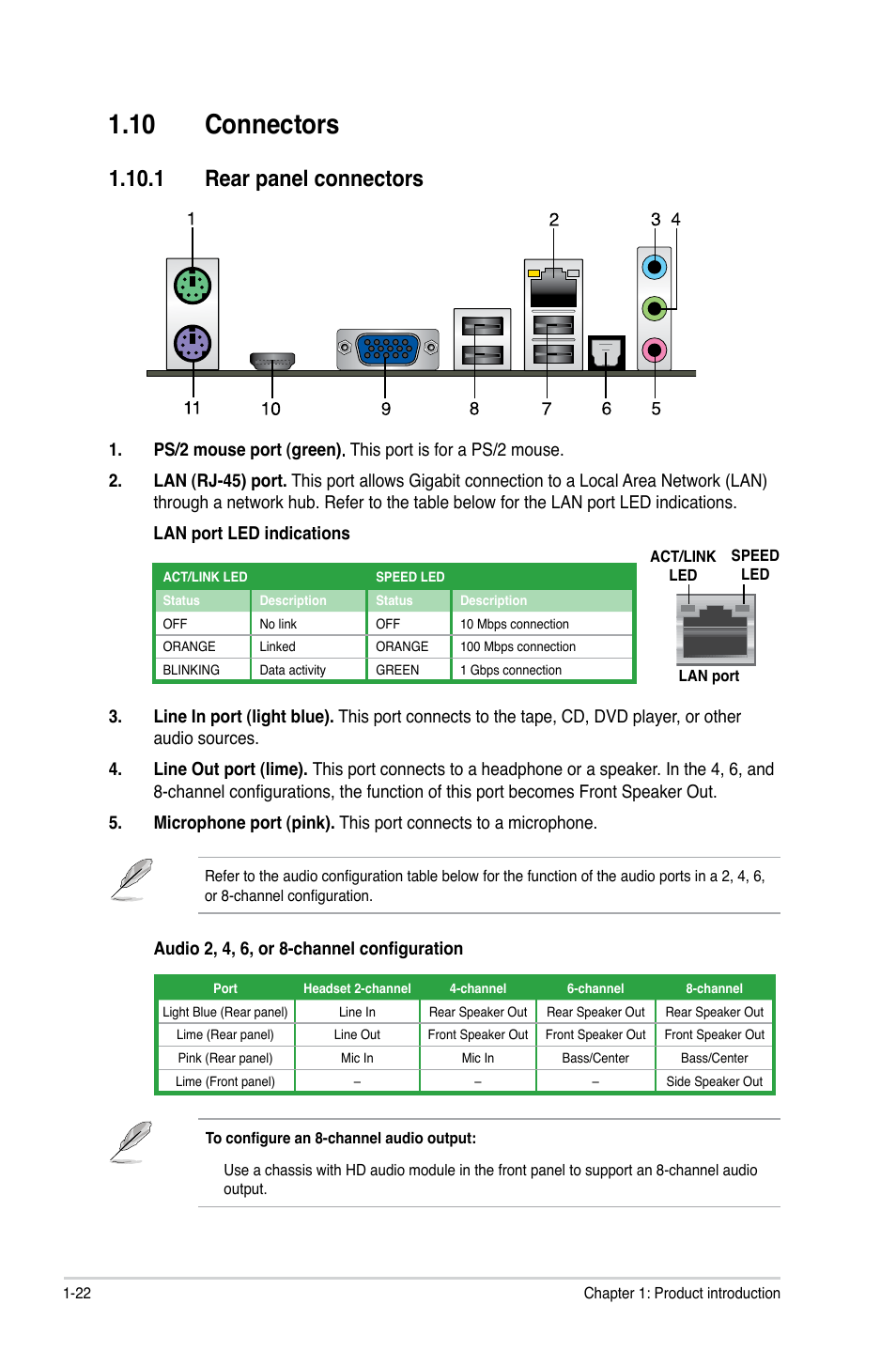 10 connectors, 1 rear panel connectors, 10 connectors -22 | 1 rear panel connectors -22 | Asus P5G41C-M User Manual | Page 32 / 62