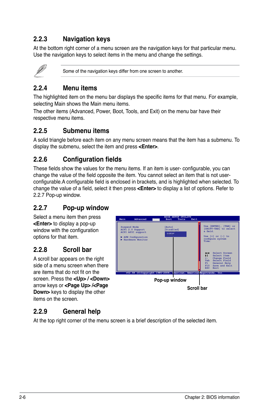 3 navigation keys, 4 menu items, 5 submenu items | 6 configuration fields, 7 pop-up window, 8 scroll bar, 9 general help, Navigation keys -6, Menu items -6, Submenu items -6 | Asus P5G41C-M User Manual | Page 46 / 62