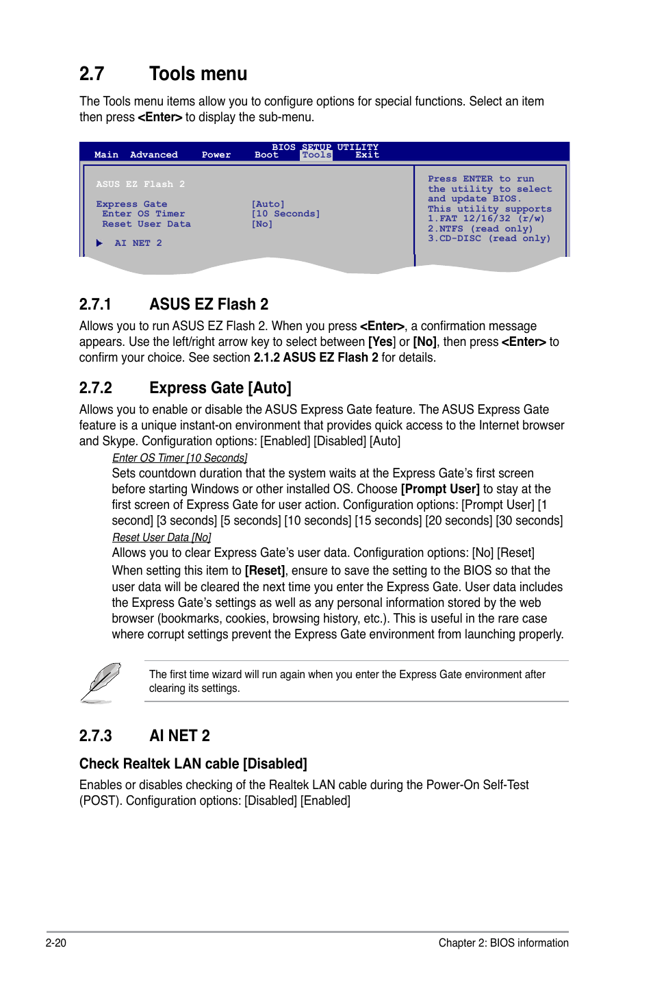 7 tools menu, 1 asus ez flash 2, 2 express gate | 3 ai net 2, Tools menu -20 2.7.1, Asus ez flash 2 -20, Express gate -20, Ai net 2 -20, 2 express gate [auto | Asus P5G41C-M User Manual | Page 60 / 62