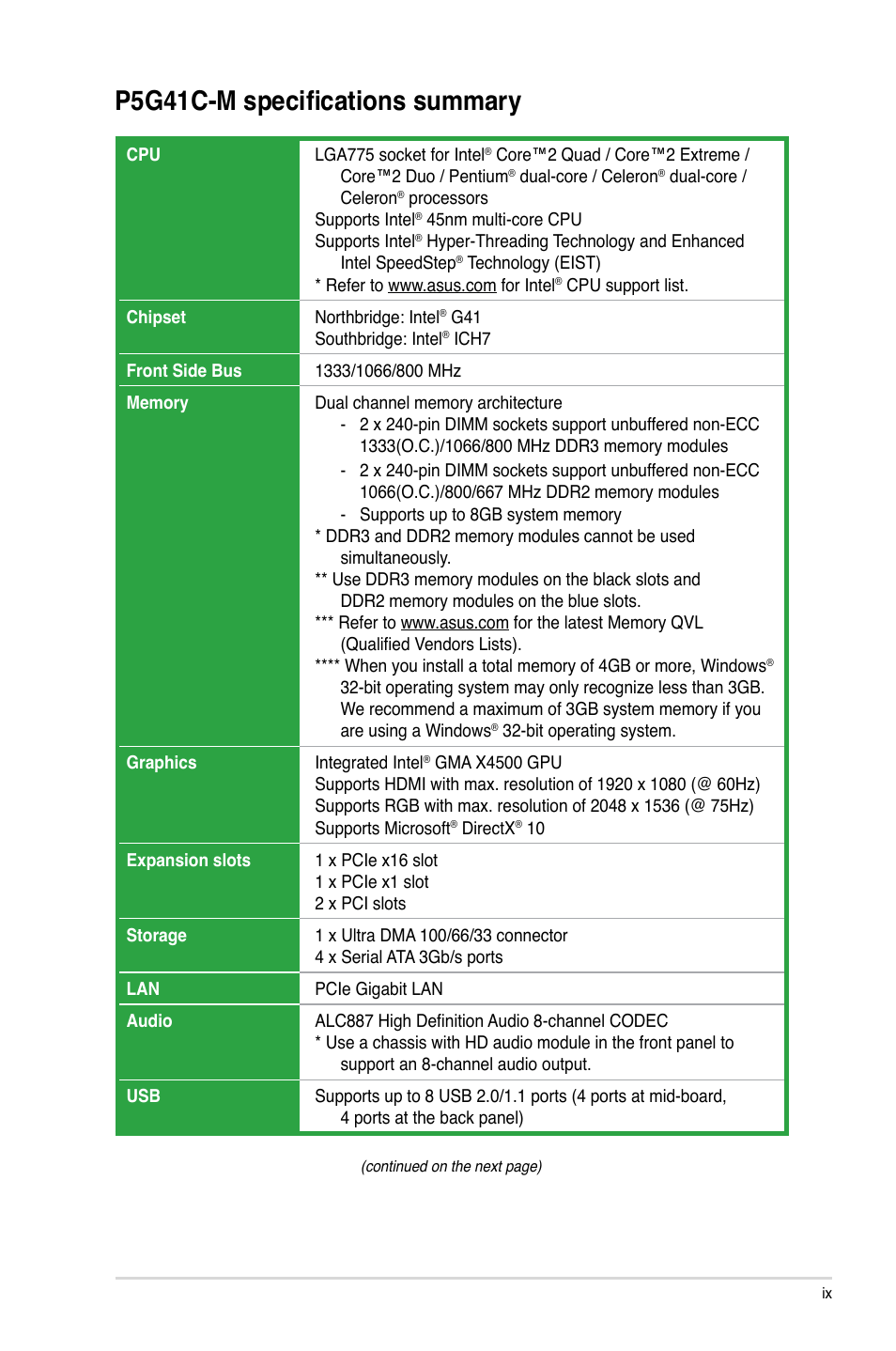 P5g41c-m specifications summary | Asus P5G41C-M User Manual | Page 9 / 62