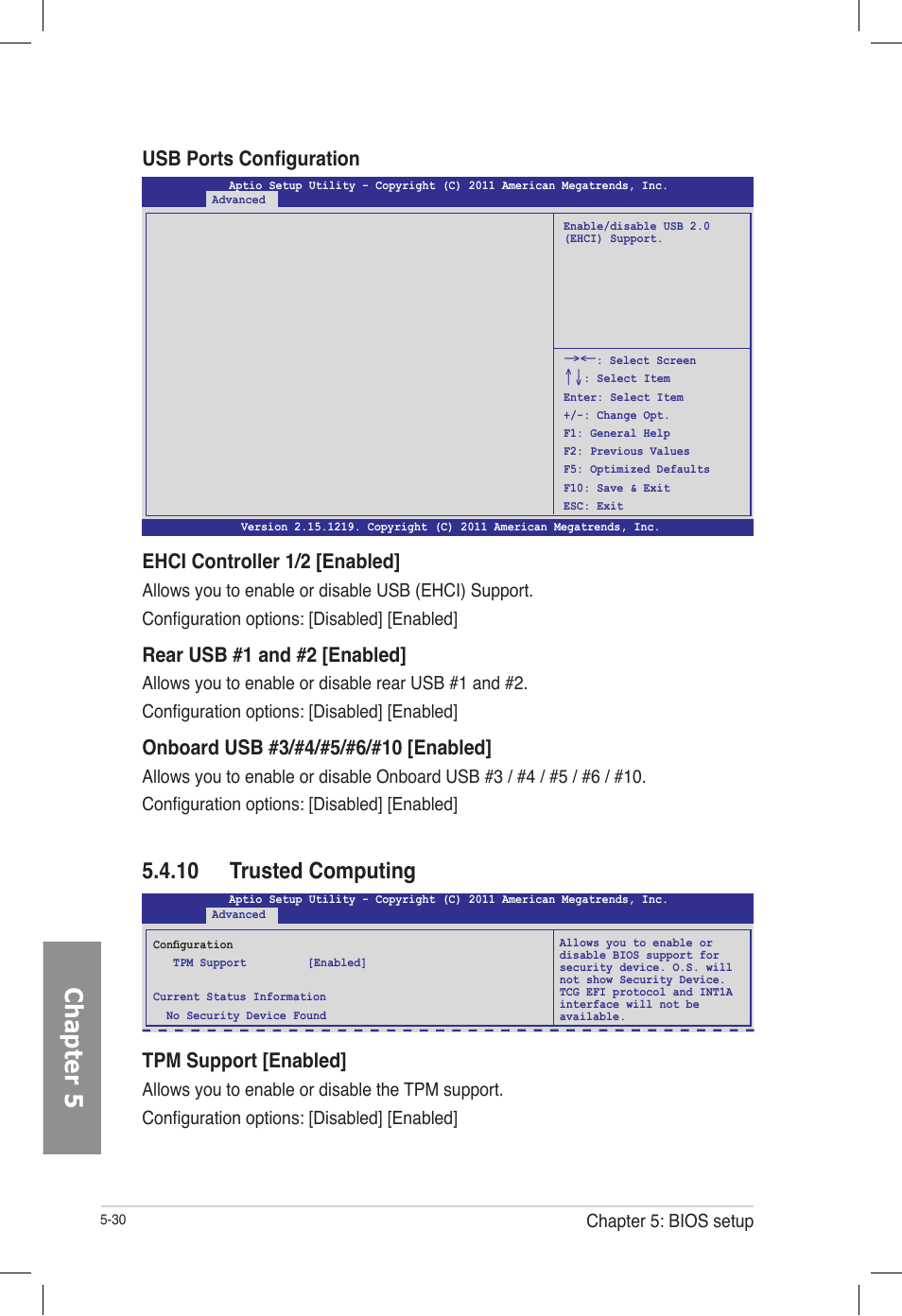 10 trusted computing, Trusted computing -30, Chapter 5 | Ehci controller 1/2 [enabled, Rear usb #1 and #2 [enabled, Tpm support [enabled, Usb ports configuration | Asus TS700-E7/RS8 User Manual | Page 100 / 198