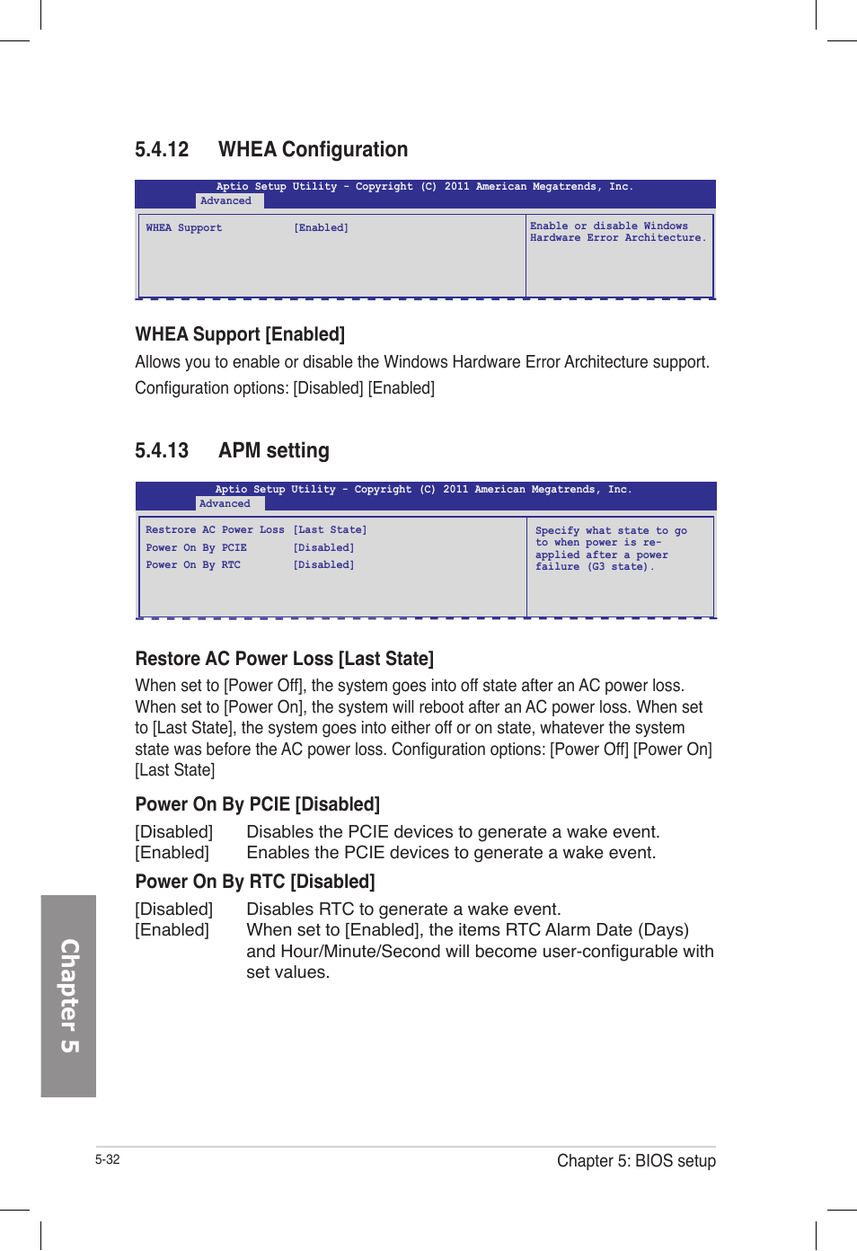 12 whea configuration, 13 apm setting, Whea configuration -32 | Apm setting -32, Chapter 5, Whea support [enabled, Restore ac power loss [last state, Power on by pcie [disabled, Power on by rtc [disabled | Asus TS700-E7/RS8 User Manual | Page 102 / 198