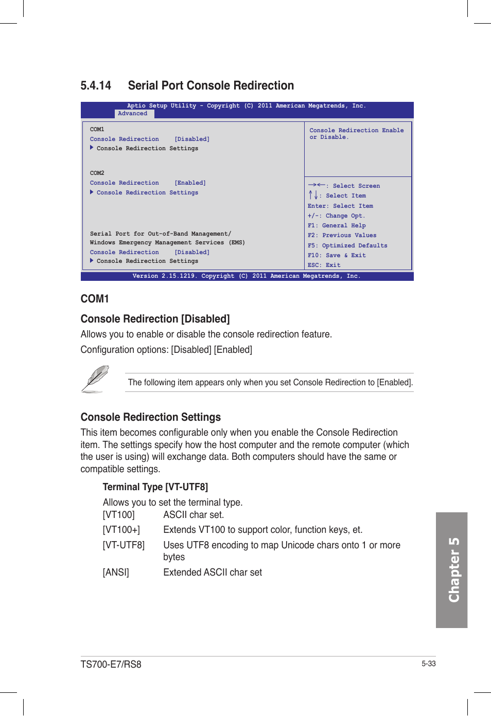 14 serial port console redirection, Serial port console redirection -33, Chapter 5 | Com1 console redirection [disabled, Console redirection settings | Asus TS700-E7/RS8 User Manual | Page 103 / 198