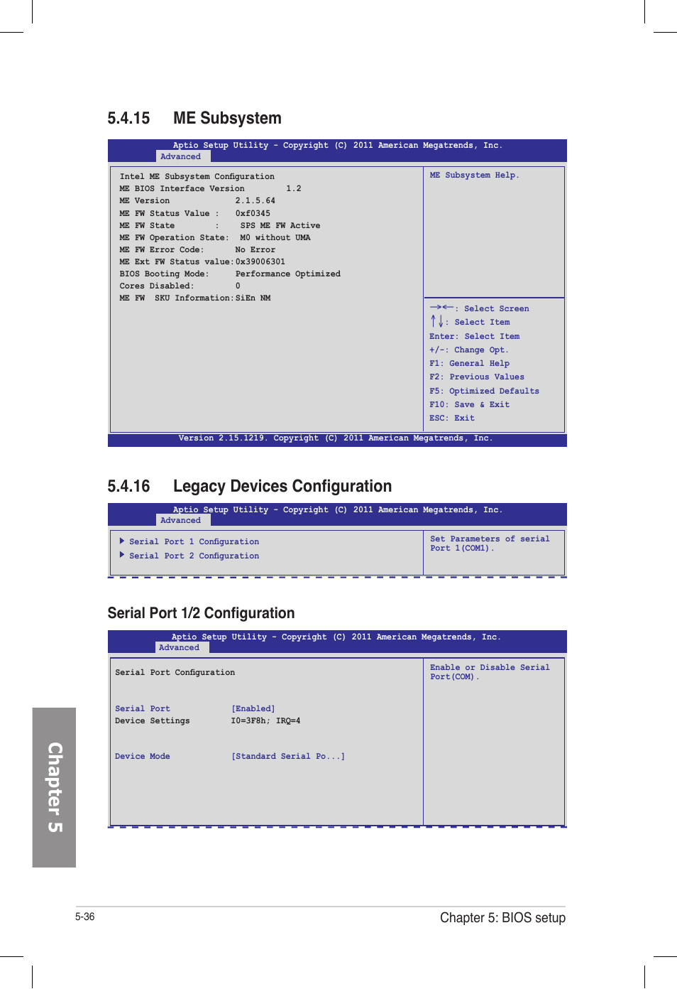 15 me subsystem, 16 legacy devices configuration, Me subsystem -36 | Legacy devices configuration -36, Chapter 5, Serial port 1/2 configuration, Chapter 5: bios setup | Asus TS700-E7/RS8 User Manual | Page 106 / 198