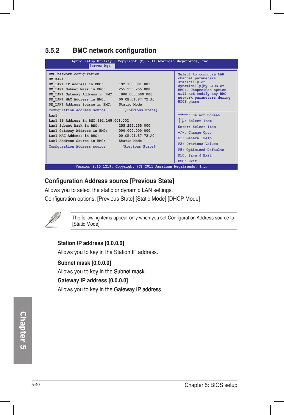 2 bmc network configuration, Bmc network configuration -40, Chapter 5 | Configuration address source [previous state, Chapter 5: bios setup | Asus TS700-E7/RS8 User Manual | Page 110 / 198