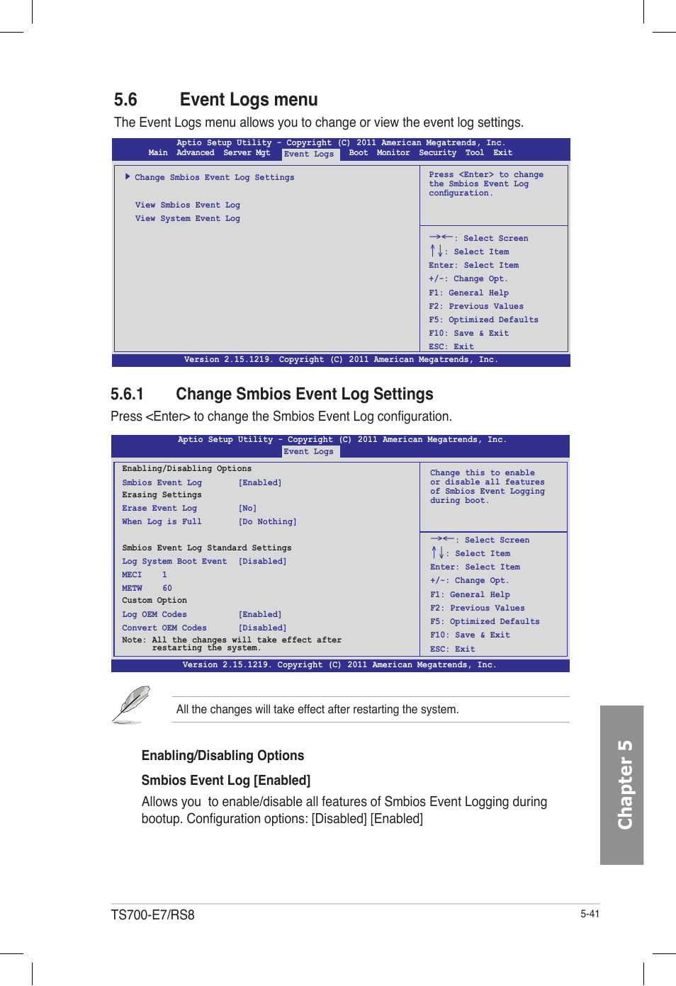 6 event logs menu, 1 change smbios event log settings, Event logs menu -41 5.6.1 | Change smbios event log settings -41, Chapter 5 5.6 event logs menu | Asus TS700-E7/RS8 User Manual | Page 111 / 198