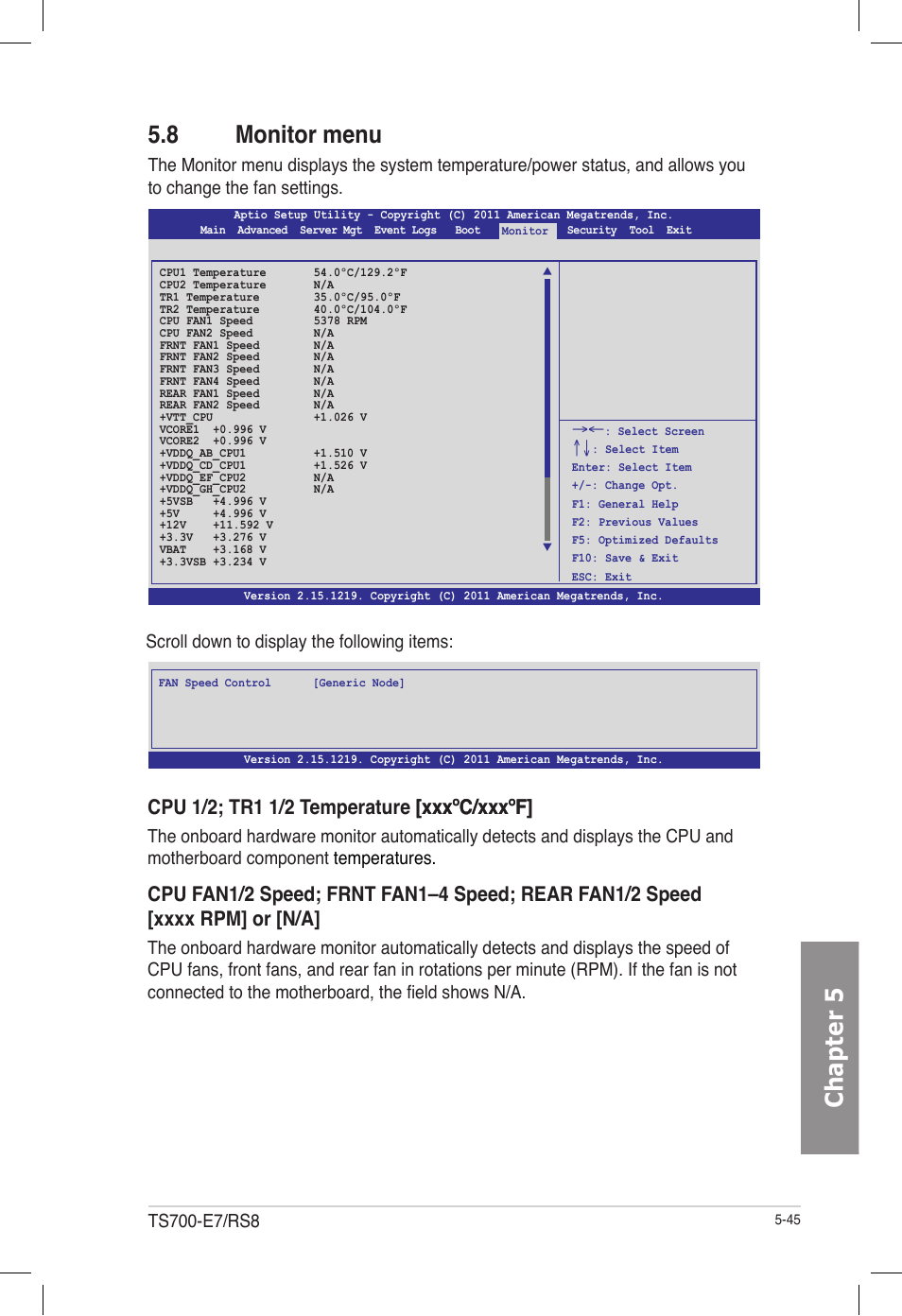 8 monitor menu, Monitor menu -45, Chapter 5 5.8 monitor menu | Asus TS700-E7/RS8 User Manual | Page 115 / 198