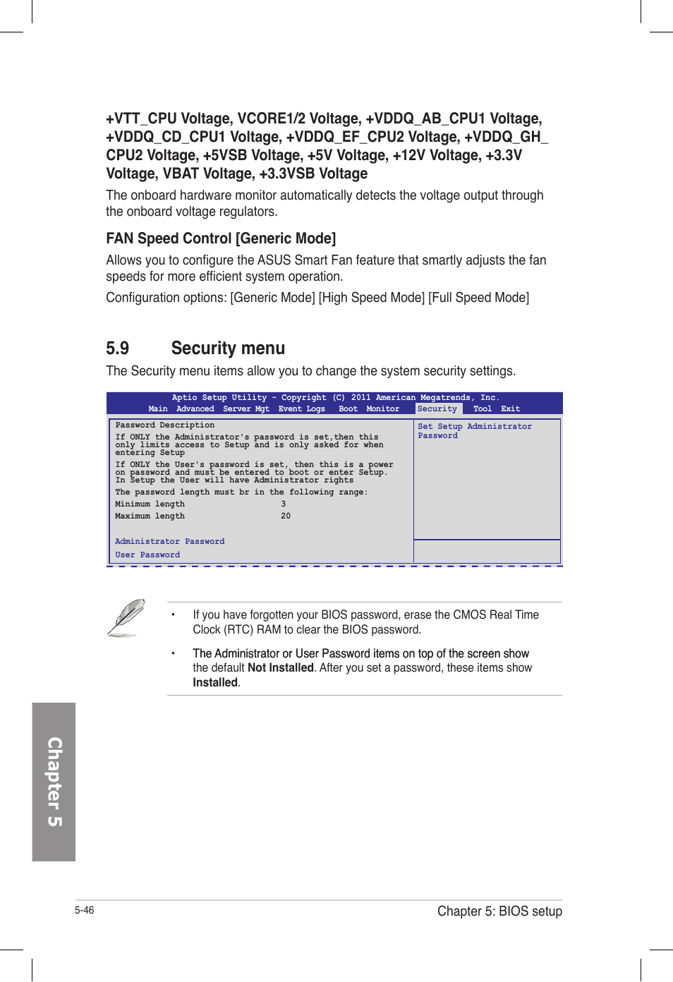 9 security menu, Security menu -46, Chapter 5 | Fan speed control [generic mode | Asus TS700-E7/RS8 User Manual | Page 116 / 198