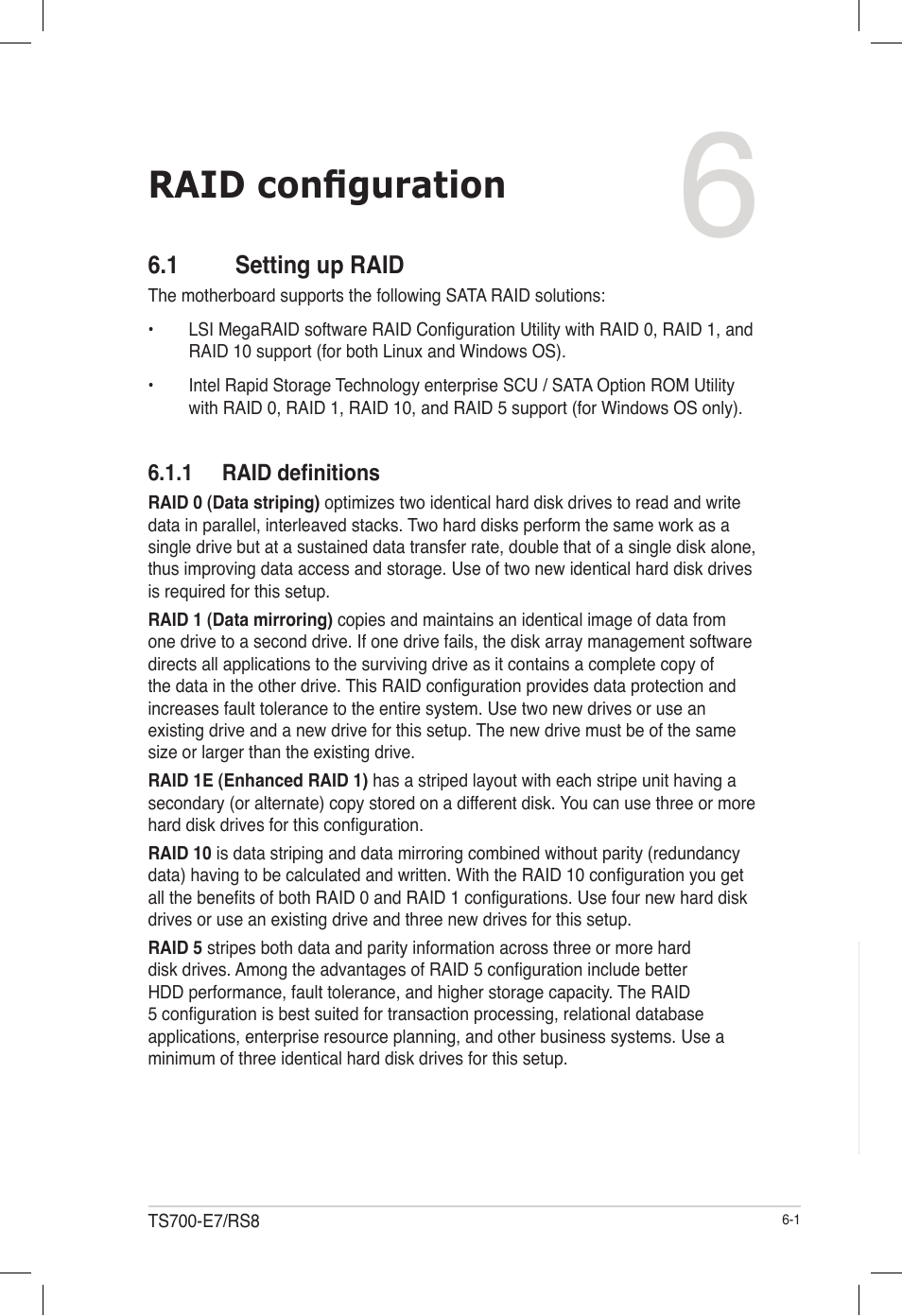 Raid configuration, 1 setting up raid, Setting up raid -1 | Asus TS700-E7/RS8 User Manual | Page 121 / 198