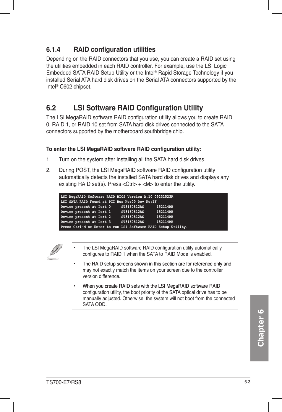 4 raid configuration utilities, 2 lsi software raid configuration utility, Raid configuration utilities -3 | Lsi software raid configuration utility -3, Chapter 6 | Asus TS700-E7/RS8 User Manual | Page 123 / 198