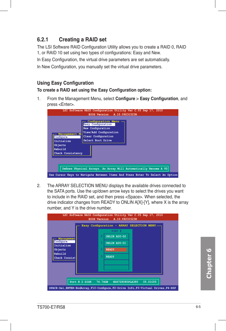 1 creating a raid set, Creating a raid set -5, Chapter 6 | Using easy configuration | Asus TS700-E7/RS8 User Manual | Page 125 / 198