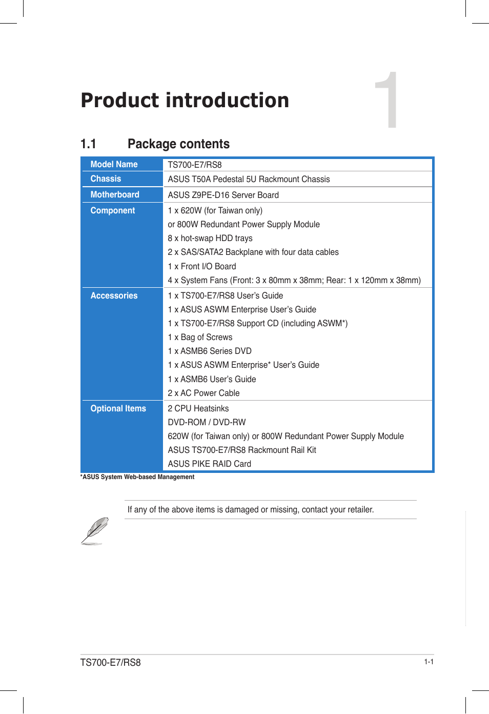 Product introduction, 1 package contents, Package contents -1 | Asus TS700-E7/RS8 User Manual | Page 13 / 198