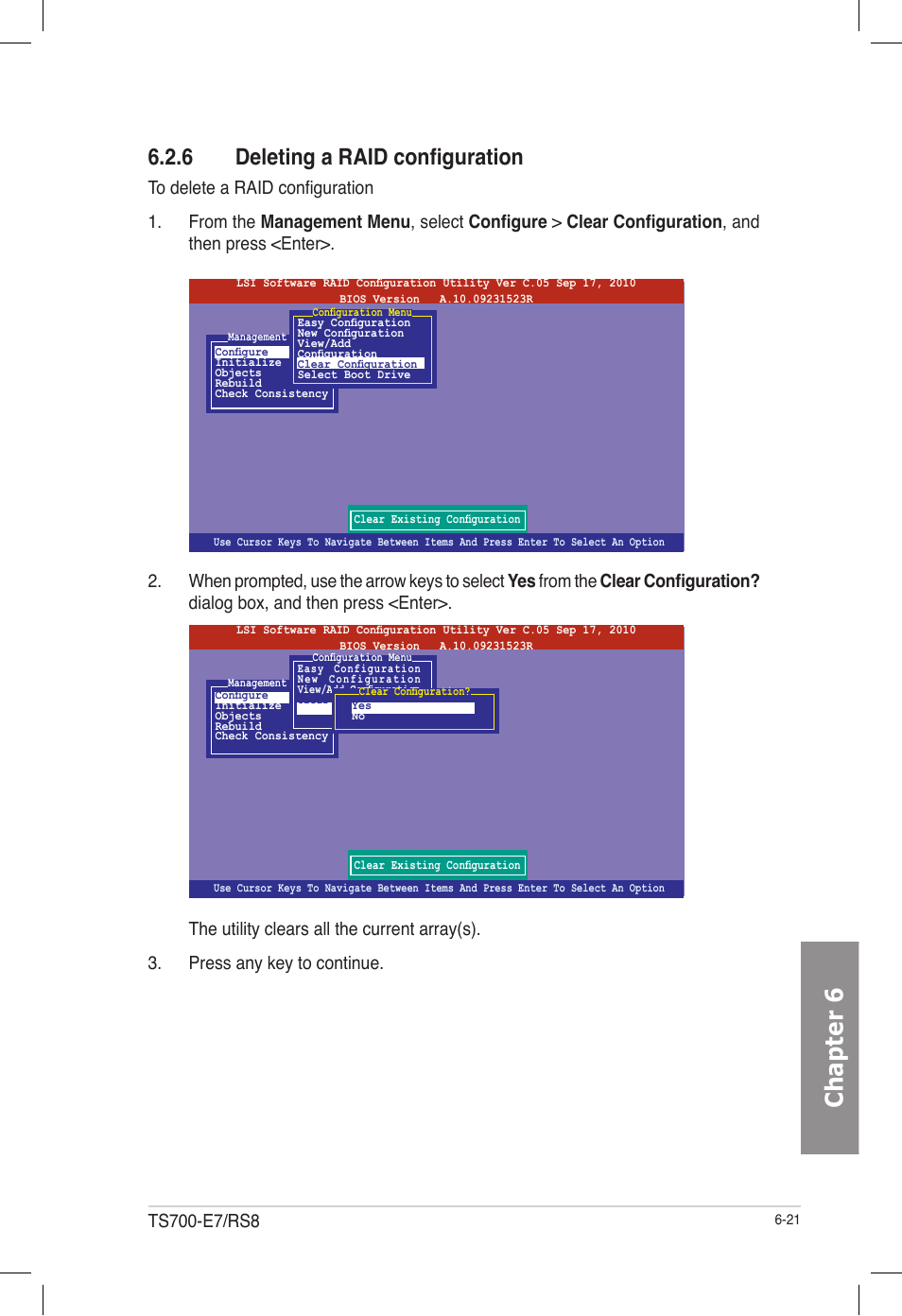 6 deleting a raid configuration, Deleting a raid configuration -21, Chapter 6 | Asus TS700-E7/RS8 User Manual | Page 141 / 198