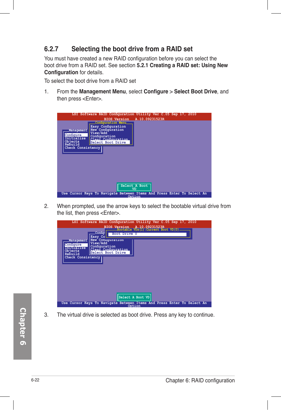 7 selecting the boot drive from a raid set, Selecting the boot drive from a raid set -22, Chapter 6 | Chapter 6: raid configuration | Asus TS700-E7/RS8 User Manual | Page 142 / 198