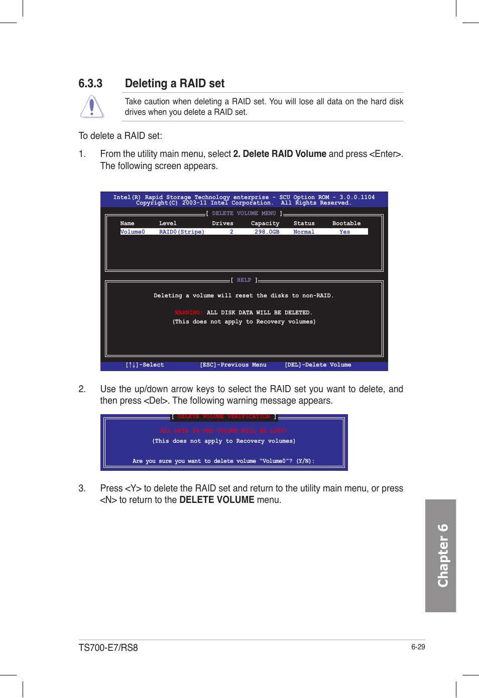 3 deleting a raid set, Deleting a raid set -29, Chapter 6 | Asus TS700-E7/RS8 User Manual | Page 149 / 198