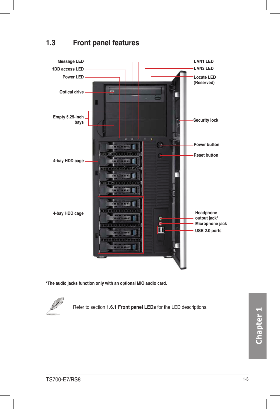 3 front panel features, Front panel features -3, Chapter 1 | Asus TS700-E7/RS8 User Manual | Page 15 / 198