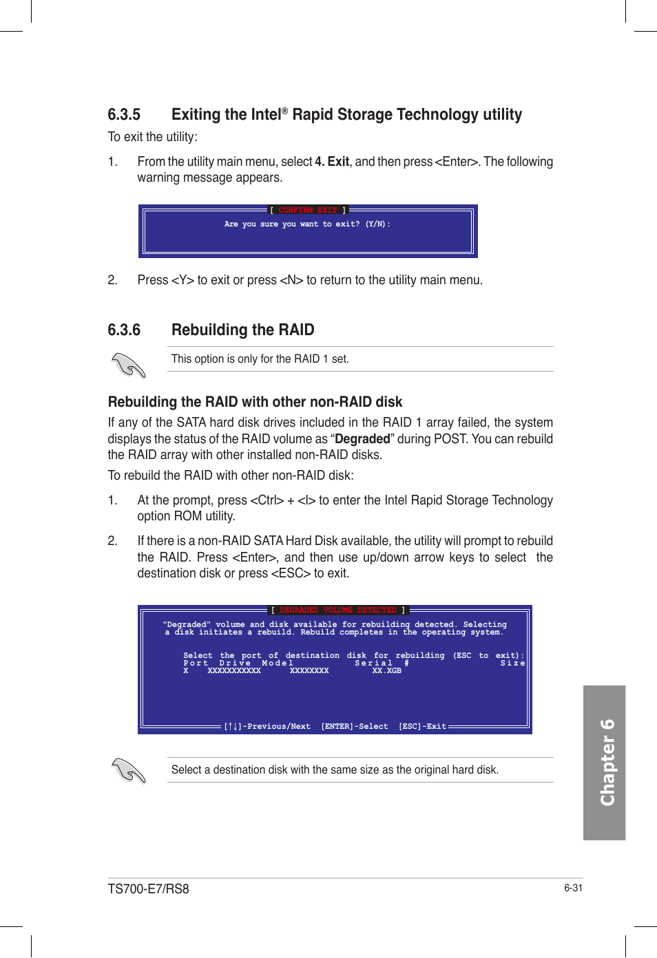 6 rebuilding the raid, Exiting the intel, Rapid storage technology utility -31 | Rebuilding the raid -31, Chapter 6, 5 exiting the intel, Rapid storage technology utility, Rebuilding the raid with other non-raid disk | Asus TS700-E7/RS8 User Manual | Page 151 / 198