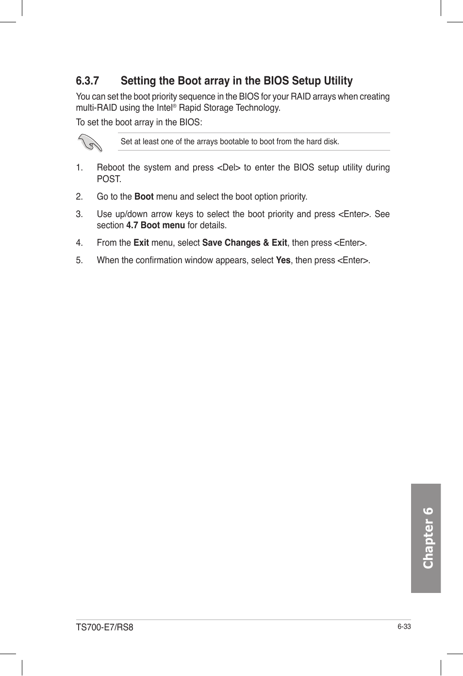 7 setting the boot array in the bios setup utility, Chapter 6 | Asus TS700-E7/RS8 User Manual | Page 153 / 198