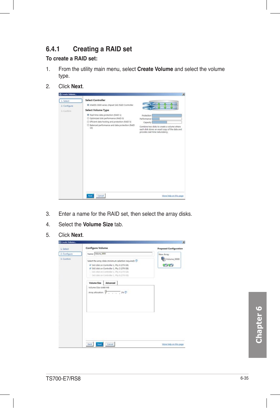 1 creating a raid set, Creating a raid set -35, Chapter 6 | Asus TS700-E7/RS8 User Manual | Page 155 / 198