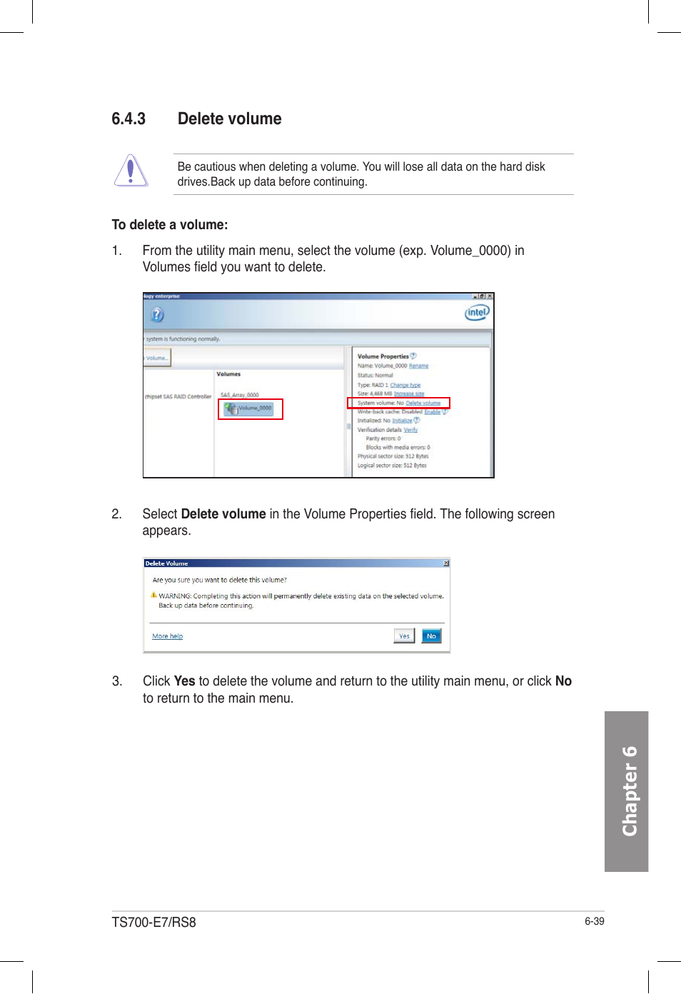 3 delete volume, Delete volume -39, Chapter 6 | Asus TS700-E7/RS8 User Manual | Page 159 / 198