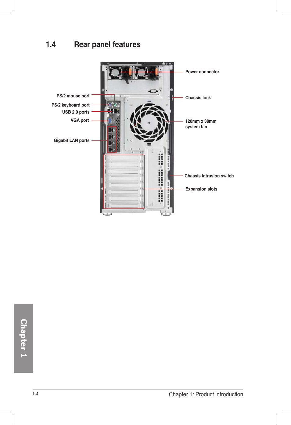 4 rear panel features, Rear panel features -4, Chapter 1 | Asus TS700-E7/RS8 User Manual | Page 16 / 198