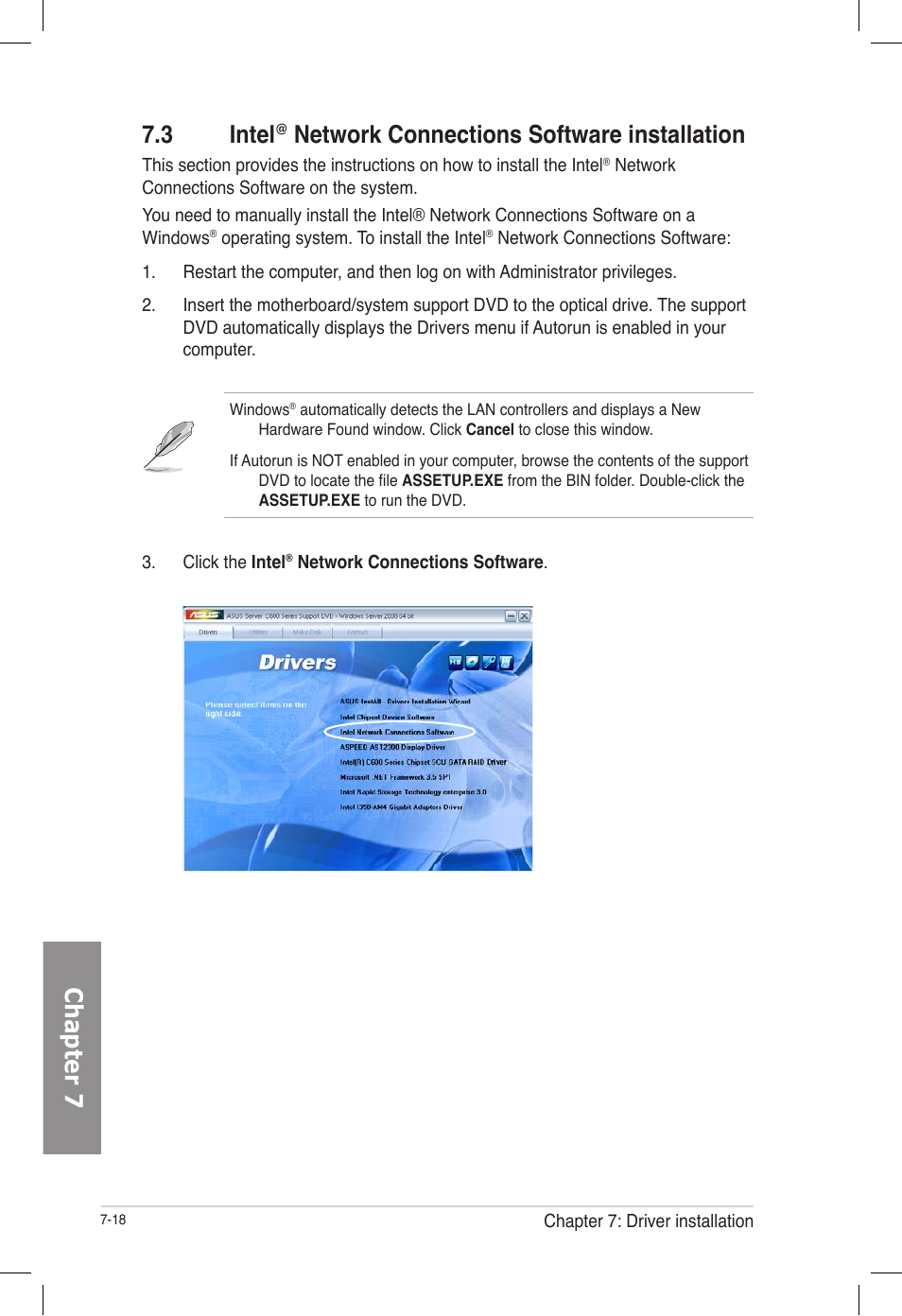 3 intel@ network connections software installation, Intel, Network connections software installation -18 | Chapter 7 7.3 intel, Network connections software installation | Asus TS700-E7/RS8 User Manual | Page 178 / 198