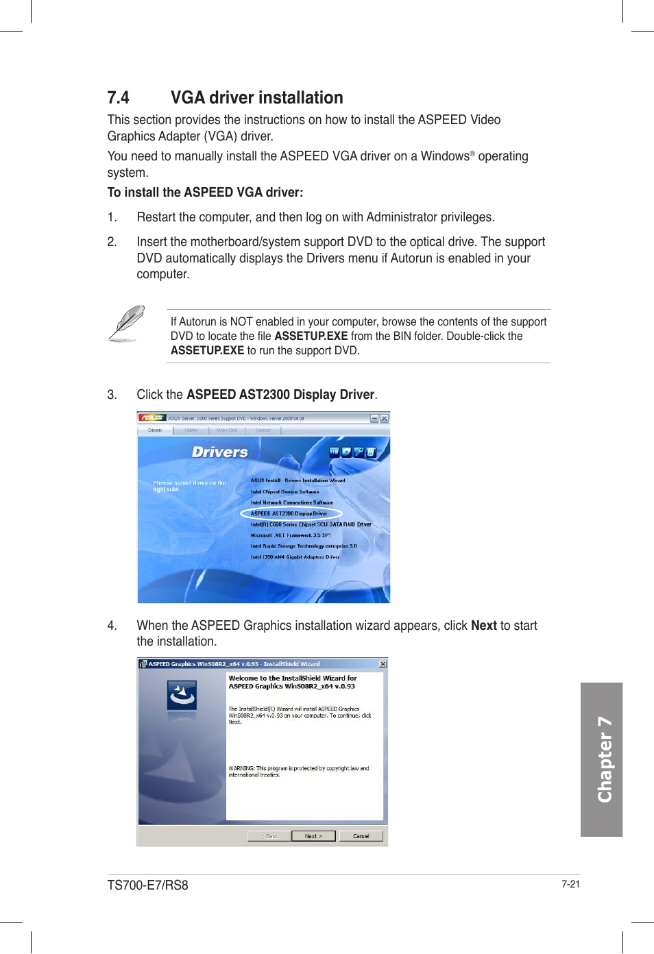 4 vga driver installation, Vga driver installation -21, Chapter 7 7.4 vga driver installation | Asus TS700-E7/RS8 User Manual | Page 181 / 198
