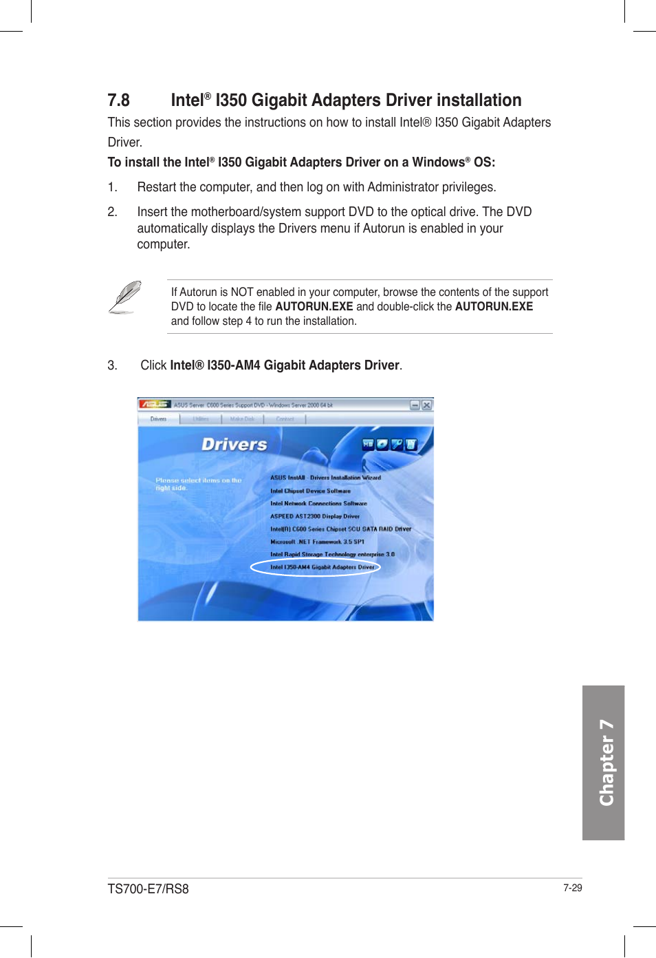 8 intel® i350 gigabit adapters driver installation, Intel, I350 gigabit adapters driver installation -29 | Chapter 7 7.8 intel, I350 gigabit adapters driver installation | Asus TS700-E7/RS8 User Manual | Page 189 / 198