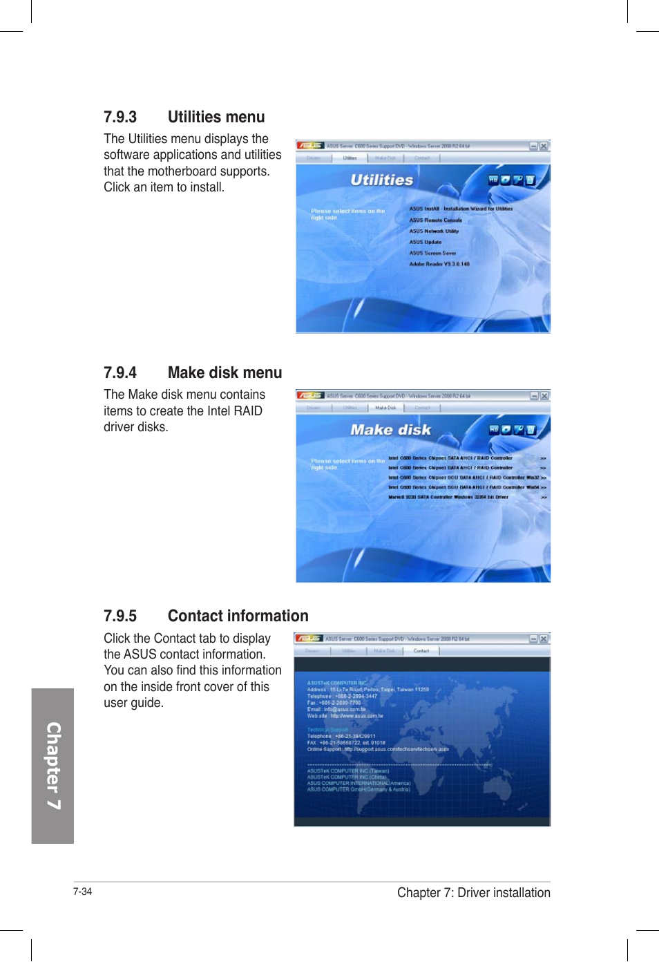 3 utilities menu, 4 make disk menu, 5 contact information | Utilities menu -34, Make disk menu -34, Contact information -34, Chapter 7 | Asus TS700-E7/RS8 User Manual | Page 194 / 198