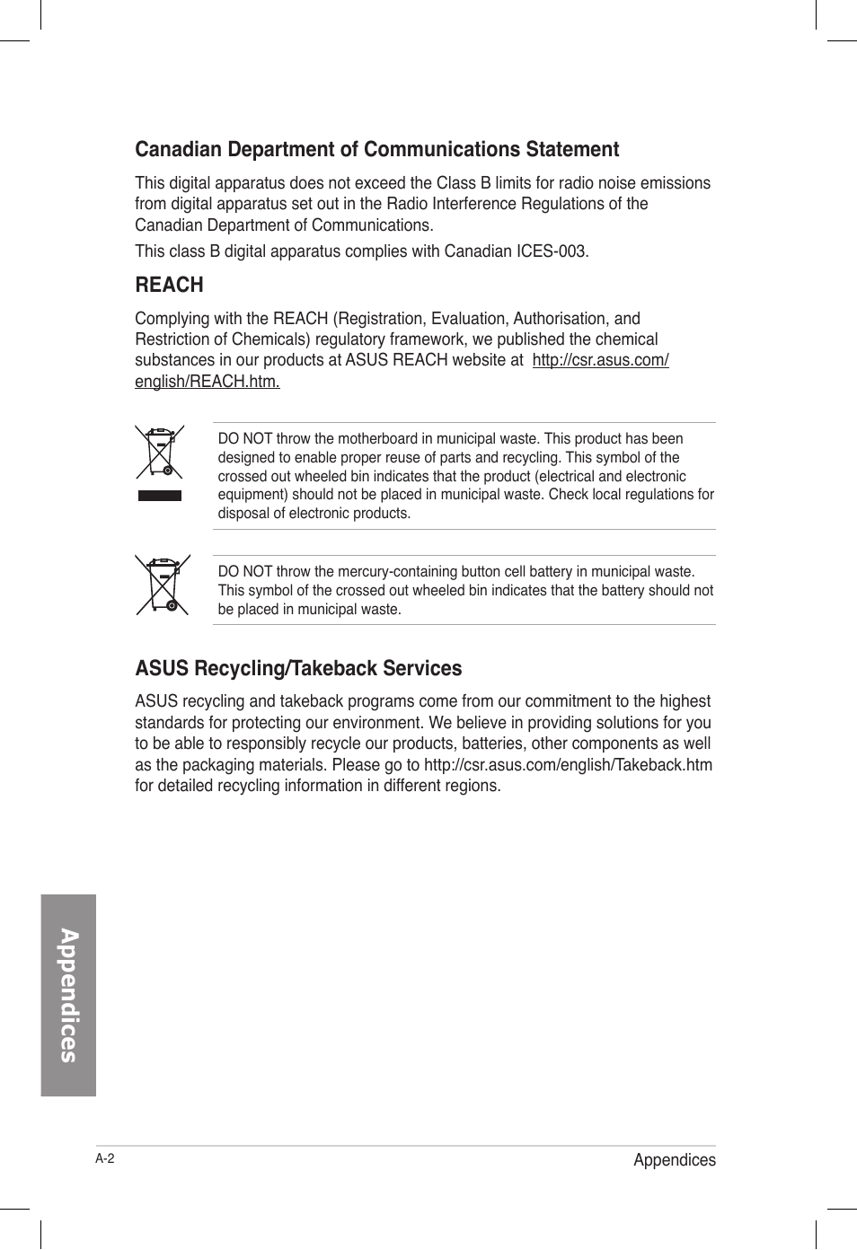 Appendices, Canadian department of communications statement, Reach | Asus recycling/takeback services | Asus TS700-E7/RS8 User Manual | Page 196 / 198