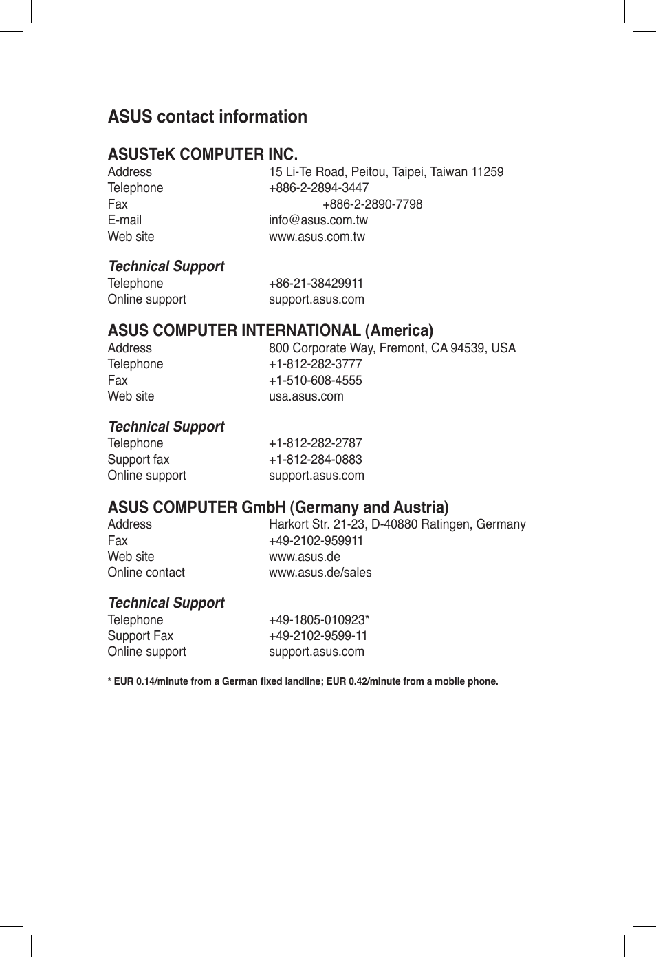 Asus contact information, Asustek computer inc, Asus computer international (america) | Asus computer gmbh (germany and austria) | Asus TS700-E7/RS8 User Manual | Page 197 / 198