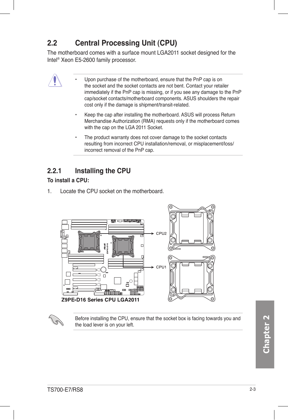 2 central processing unit (cpu), 1 installing the cpu, Central processing unit (cpu) -3 2.2.1 | Installing the cpu -3, Chapter 2 2.2 central processing unit (cpu) | Asus TS700-E7/RS8 User Manual | Page 23 / 198