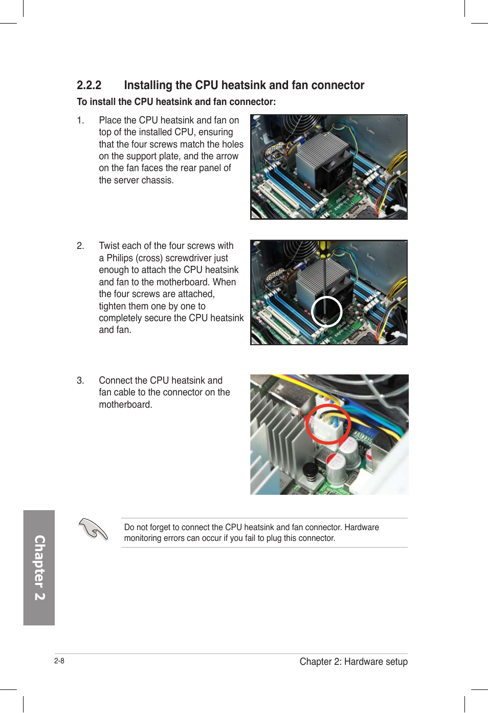 2 installing the cpu heatsink and fan connector, Installing the cpu heatsink and fan connector -8, Chapter 2 | Asus TS700-E7/RS8 User Manual | Page 28 / 198