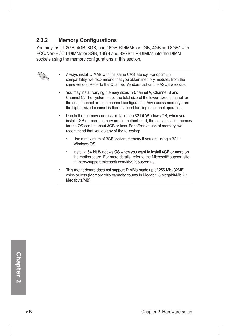 2 memory configurations, Memory configurations -10, Chapter 2 | Asus TS700-E7/RS8 User Manual | Page 30 / 198