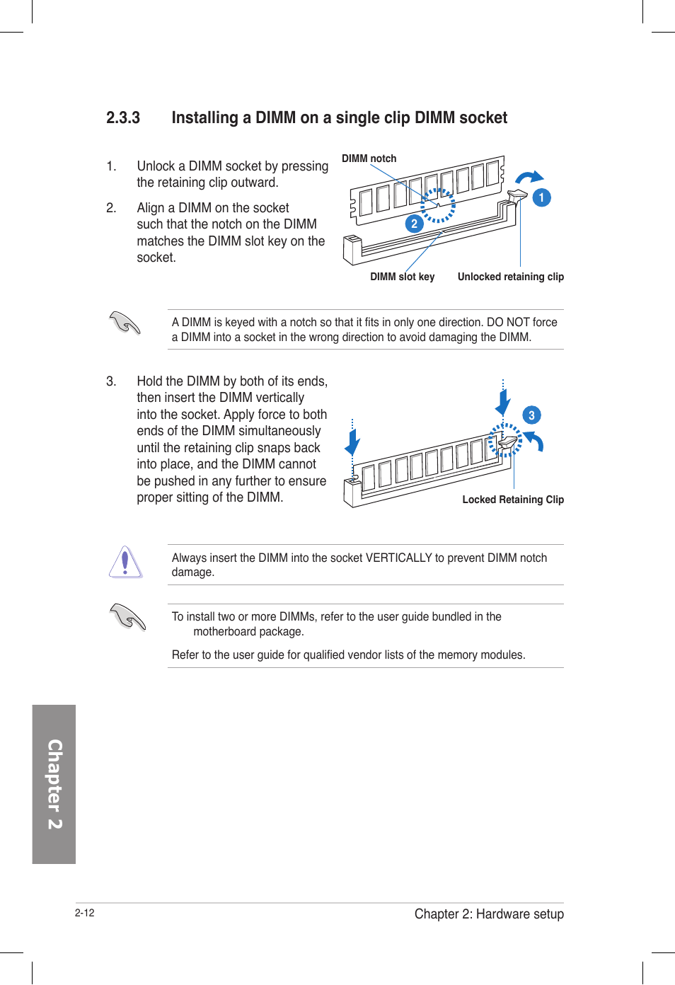 3 installing a dimm on a single clip dimm socket, Installing a dimm on a single clip dimm socket -12, Chapter 2 | Asus TS700-E7/RS8 User Manual | Page 32 / 198