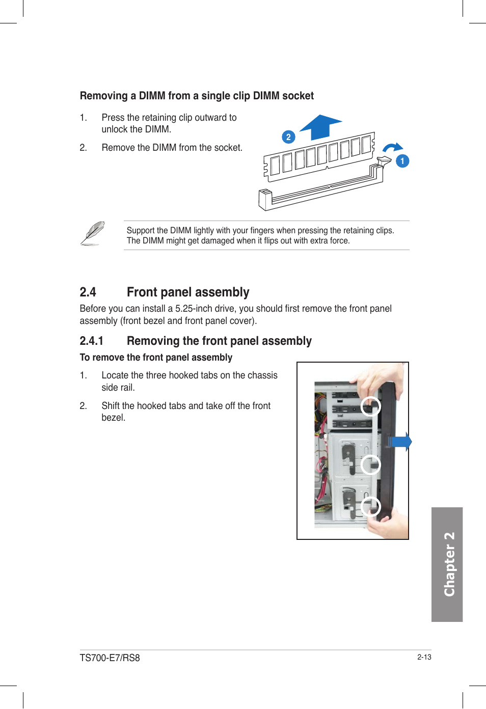 4 front panel assembly, 1 removing the front panel assembly, Front panel assembly -13 2.4.1 | Removing the front panel assembly -13, Chapter 2 | Asus TS700-E7/RS8 User Manual | Page 33 / 198