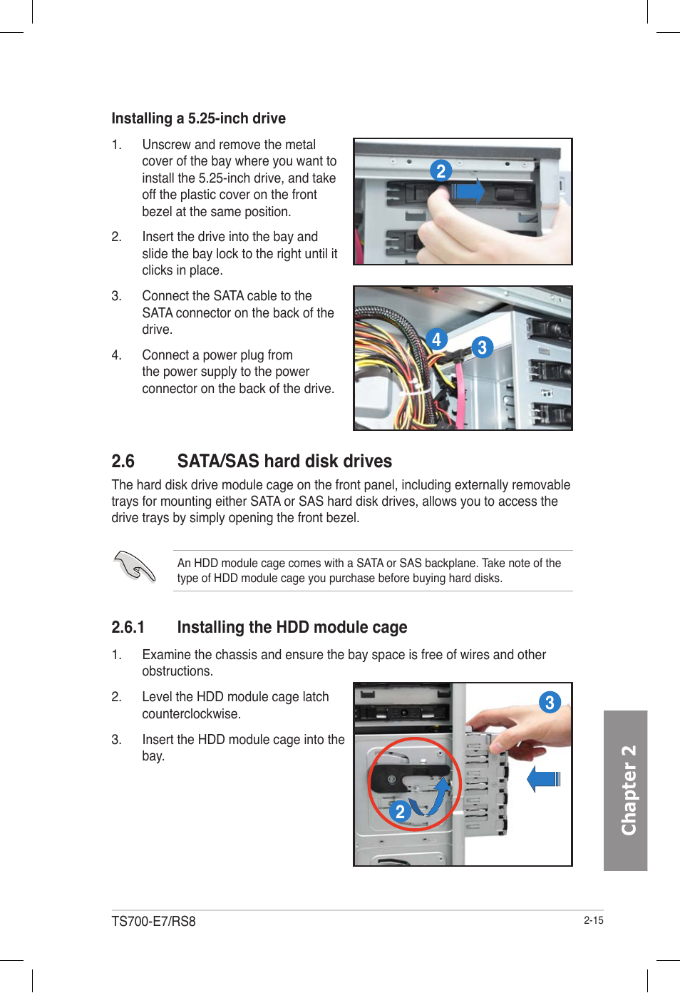 6 sata/sas hard disk drives, 1 installing the hdd module cage, Sata/sas hard disk drives -15 2.6.1 | Installing the hdd module cage -15, Chapter 2 | Asus TS700-E7/RS8 User Manual | Page 35 / 198